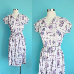 1960s Rose Print Nylon Jersey Dress by Penney's Brentwood Frocks | Size Small
